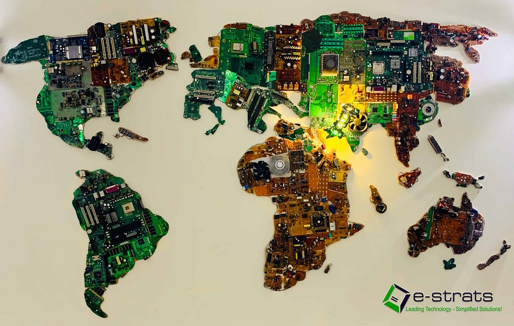 e-waste electronic recycling IT project | worldmap made out of computer chips